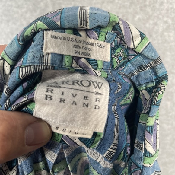 VTG 90s Arrow River Shirt M USA Aztec Geometric Retro‎ Blue Green Cotton Loud - Picture 4 of 8